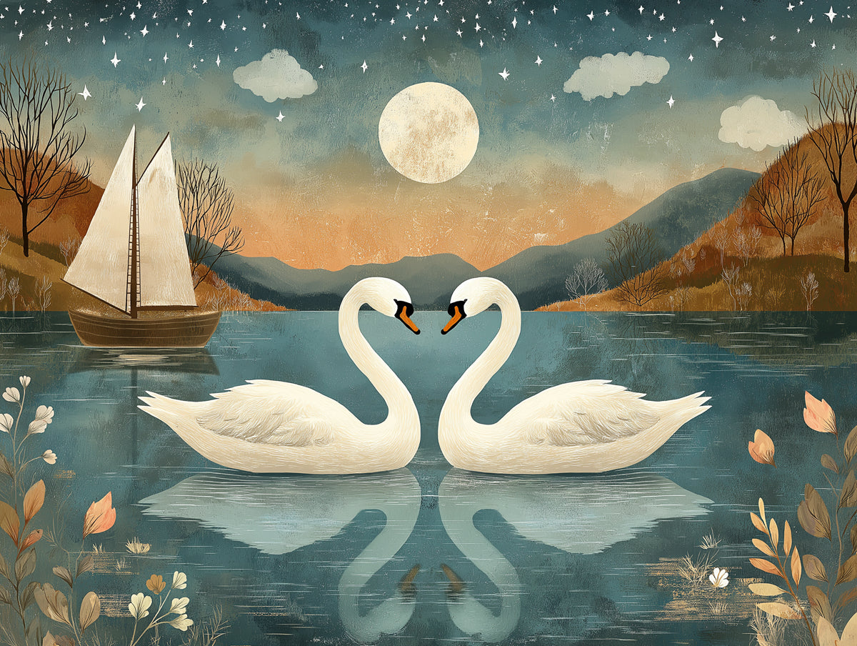 Romantic Swans and Moon | Various Colors (Blue, Orange, etc.) of Swans and Moon