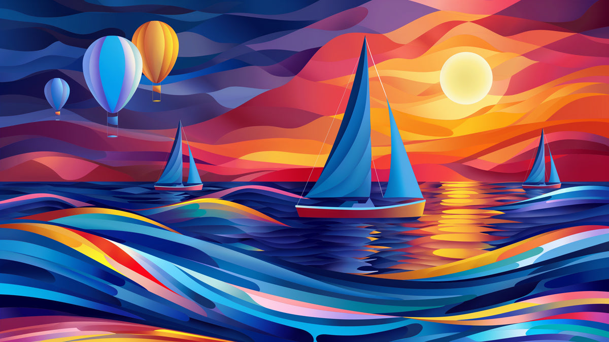 Colorful Sailboats and Waves| Various Colors (Orange, Blue, Purple, etc.) of Sailboats