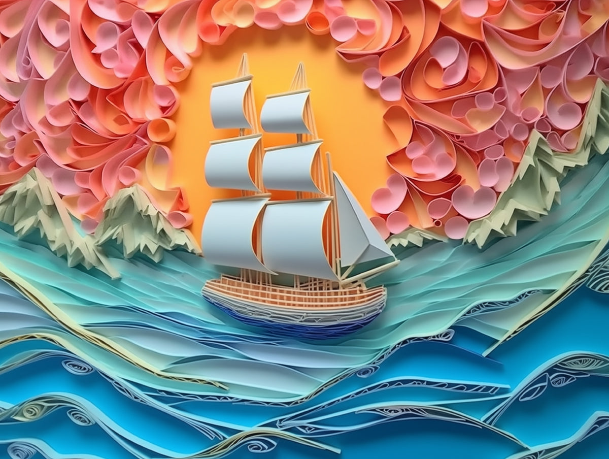 Paper Art Sailboat Mural Wallpaper | Various Colors (Pink, Green, etc.) of Paper Art Sailboat