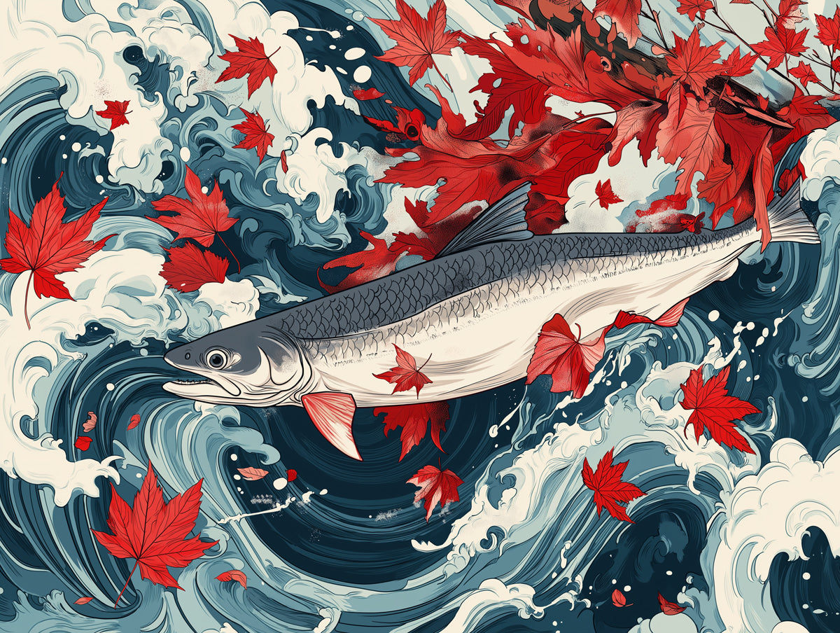 Salmon and Maple Leaves| Various Colors (Red, Blue, etc.) of Salmon and Maple Leaves