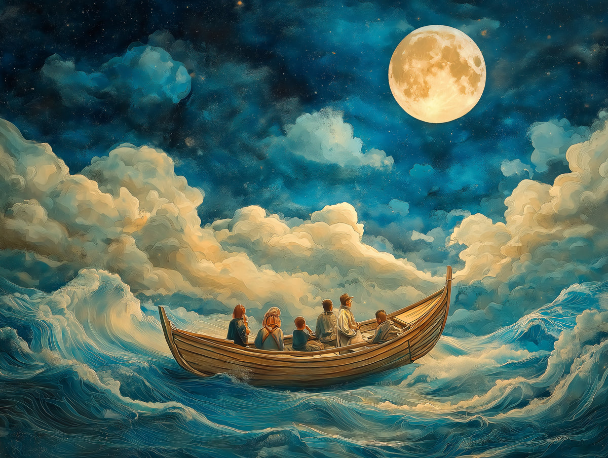 Moonlit Boat Ride Mural Wallpaper in Nursery | Various Colors (Blue, Yellow, etc.) of Moonlit Boat