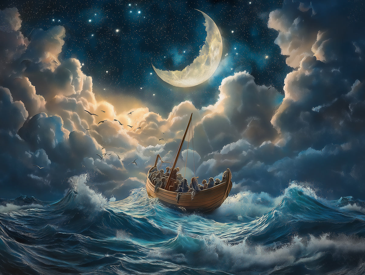 Moonlit Boat Ride Mural Wallpaper in Nursery | Various Colors (Blue, Yellow, etc.) of Moonlit Boat