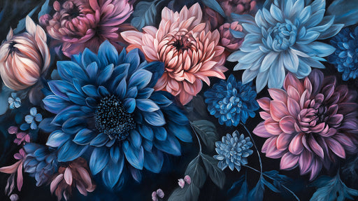 Blue and Pink Floral Mural Wallpaper | Various Colors (Blue, Pink, etc.) of Romantic Flowers