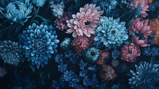 Blue and Pink Floral Mural Wallpaper | Various Colors (Blue, Pink, etc.) of Romantic Flowers