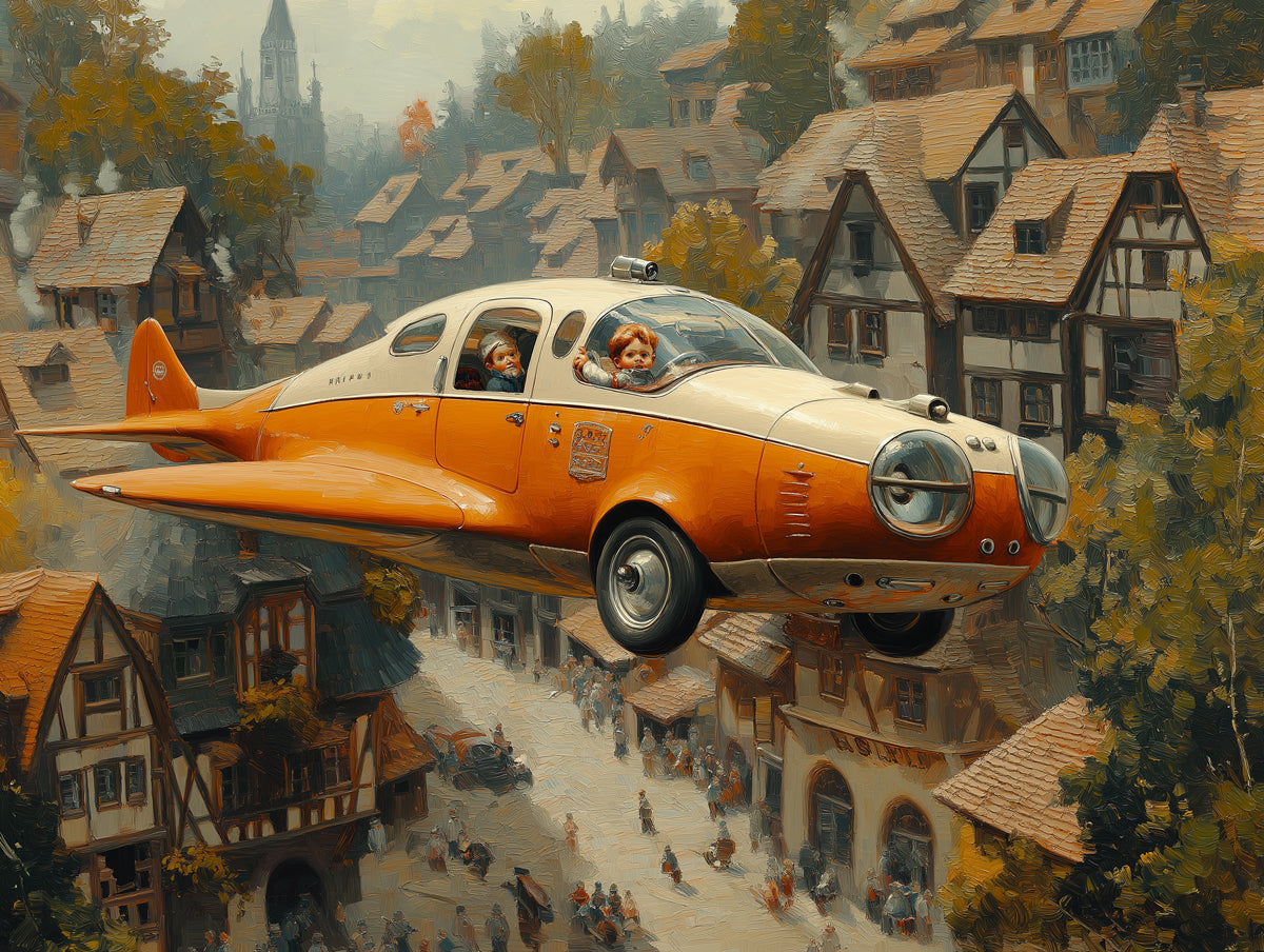 Vintage Airplane and Village Mural Wallpaper in Bedroom | Various Colors (Orange, Brown, etc.) of Airplane 