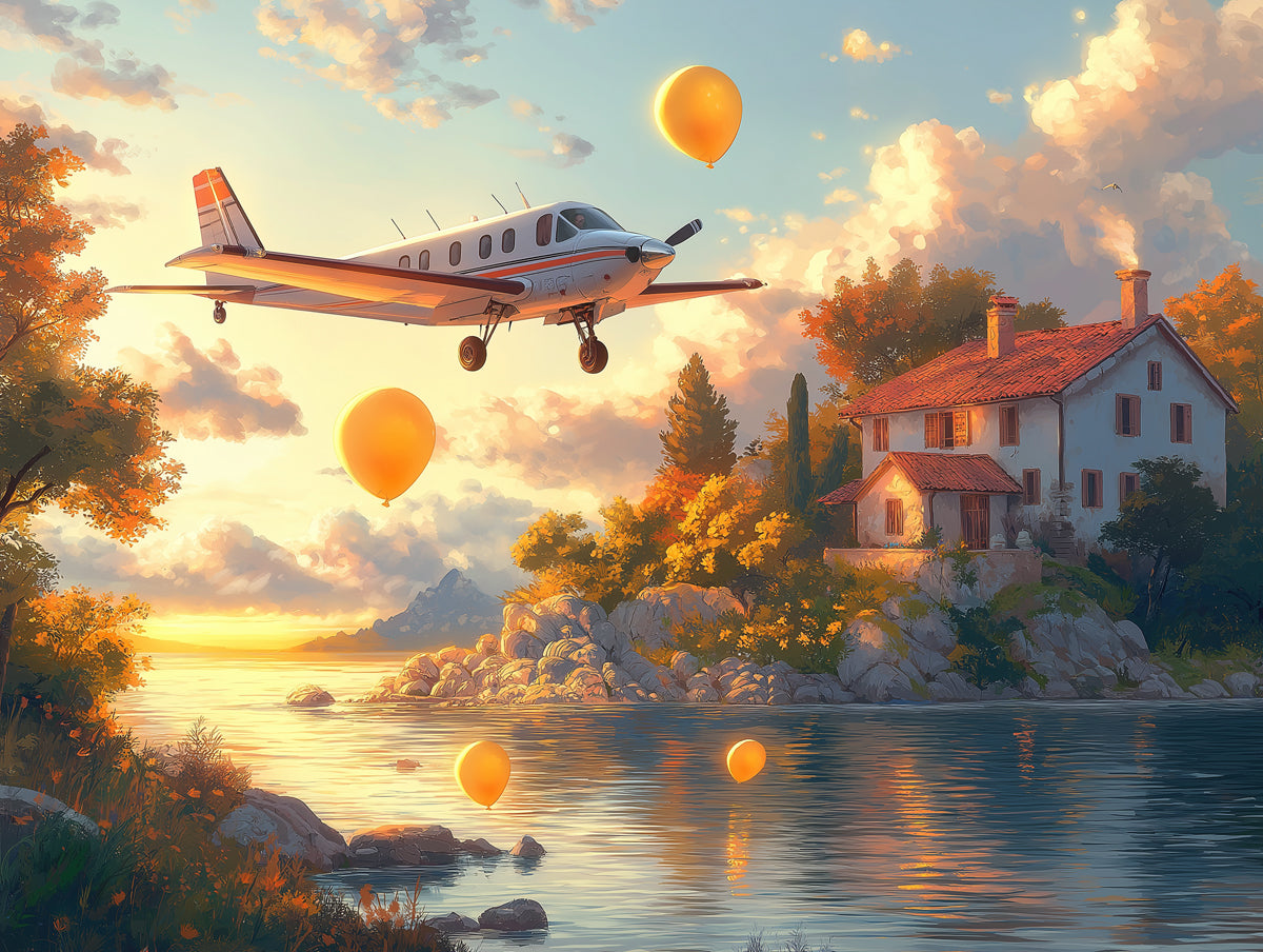 Airplane and Hot Air Balloons Mural Wallpaper in Dining Room | Various Colors (Gray, Yellow, etc.) of Airplane and Hot Air Balloons