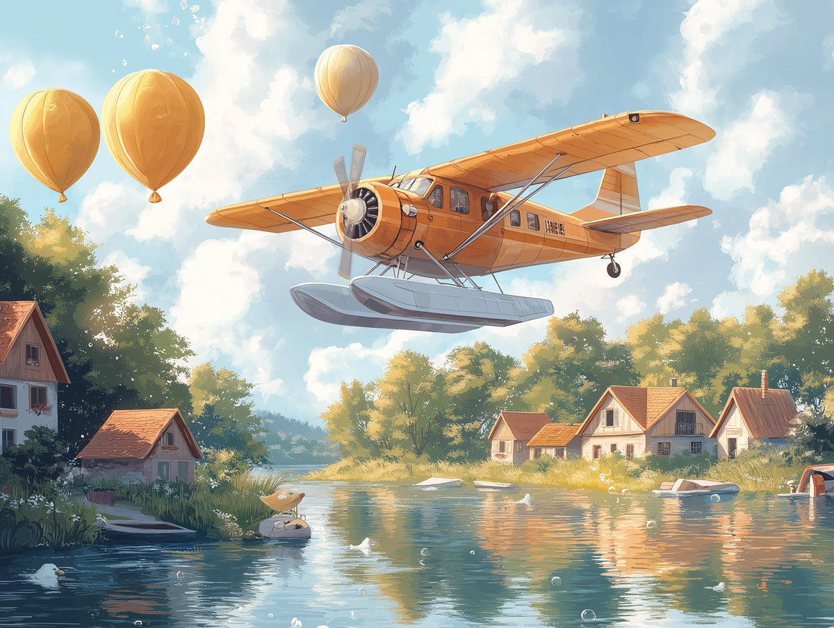 Seaplane and Village Mural Wallpaper in Bedroom | Various Colors (Orange, Blue, etc.) of Seaplane and Village