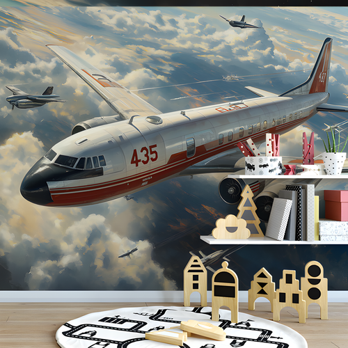 Vintage Airplanes in Space Mural Wallpaper in Room | Various Colors (Brown, Red, etc.) of Vintage Airplanes