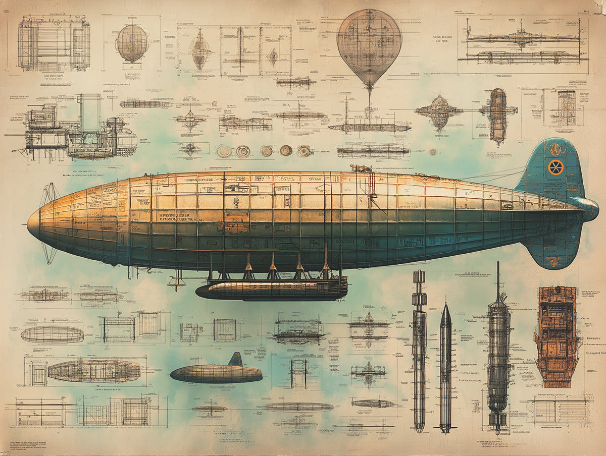 Airship Blueprint Mural Wallpaper | Various Colors (Green, Yellow, etc.) of Airship