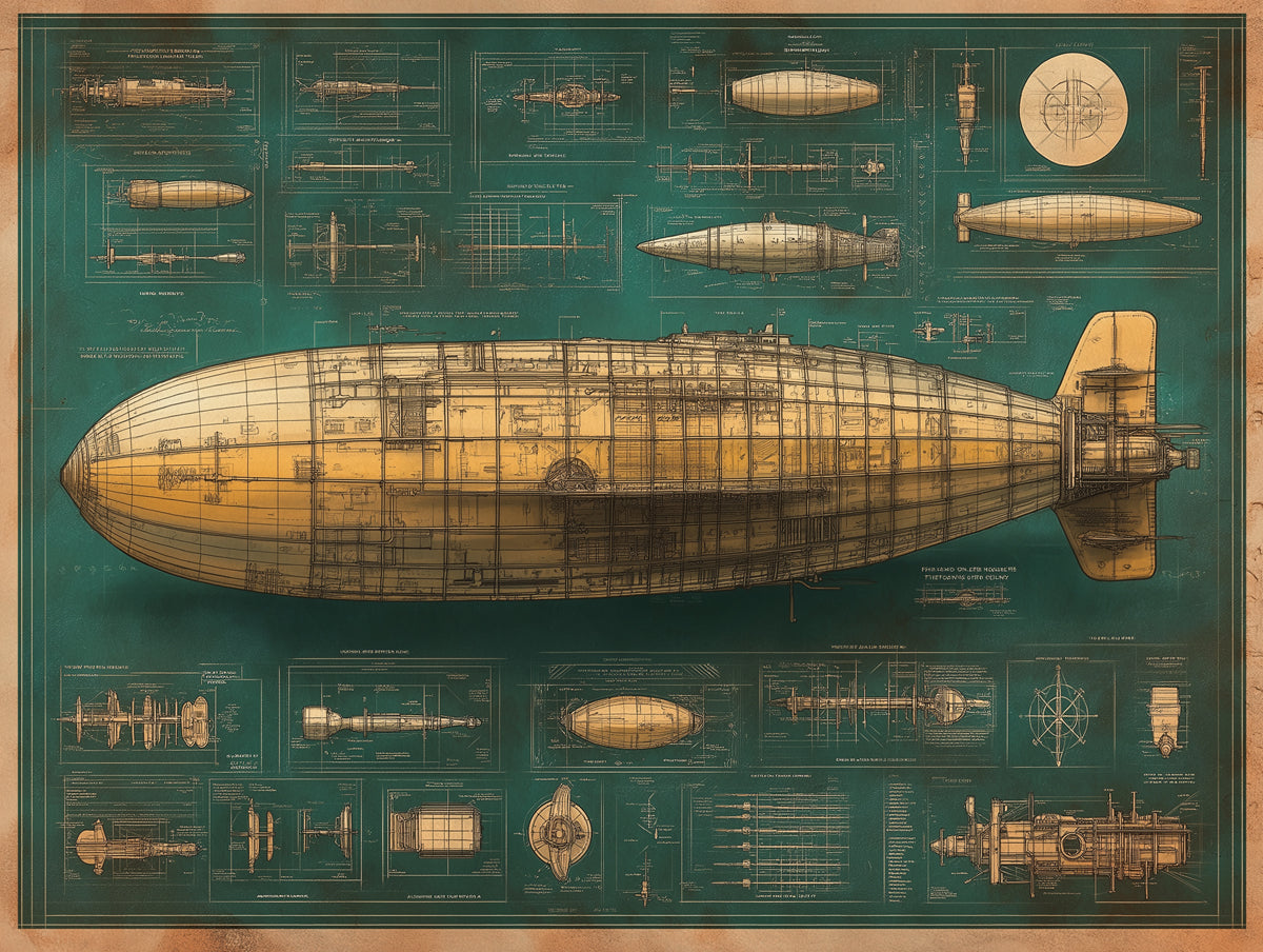 Airship Blueprint Mural Wallpaper | Various Colors (Green, Yellow, etc.) of Airship