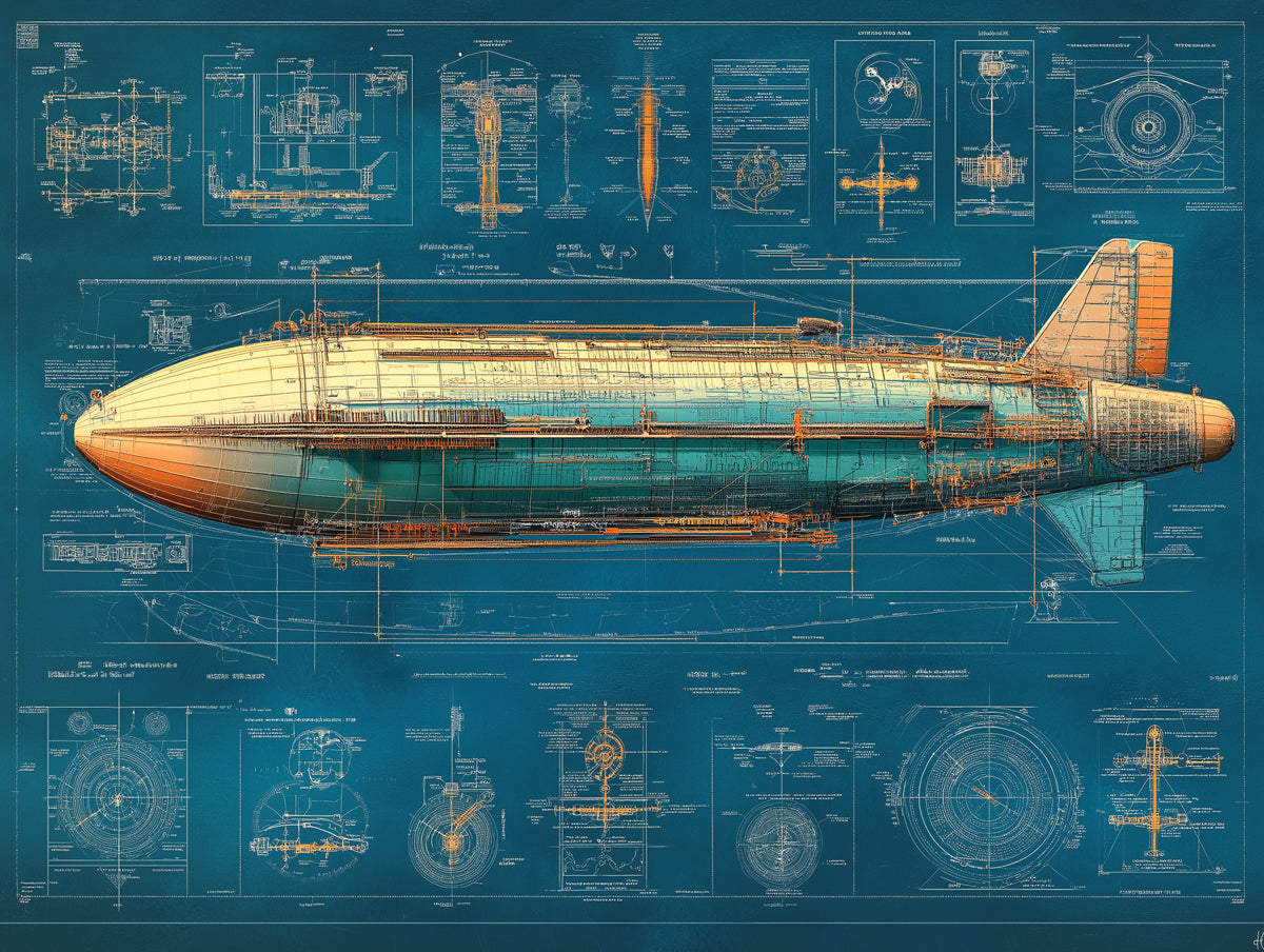 Airship Blueprint Mural Wallpaper | Various Colors (Green, Yellow, etc.) of Airship