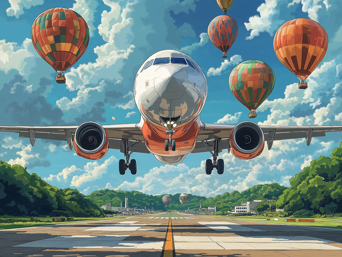 Airplane and Hot Air Balloons Mural Wallpaper in Bedroom | Various Colors (Blue, Orange, etc.) of Airplane and Hot Air Balloons