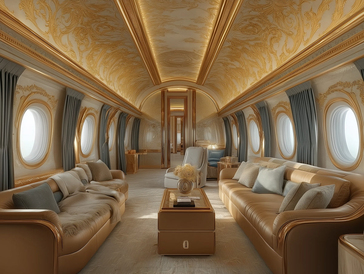 Luxury Airplane Interior Mural Wallpaper in Living Room | Various Colors (Gold, White, etc.) of Airplane Interior