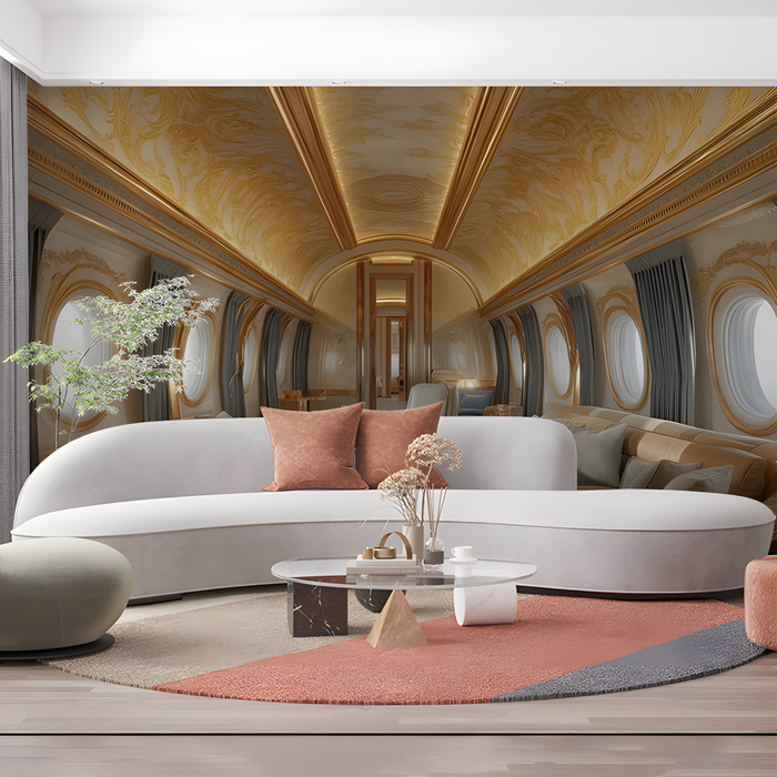 Luxury Airplane Interior Mural Wallpaper in Living Room | Various Colors (Gold, White, etc.) of Airplane Interior
