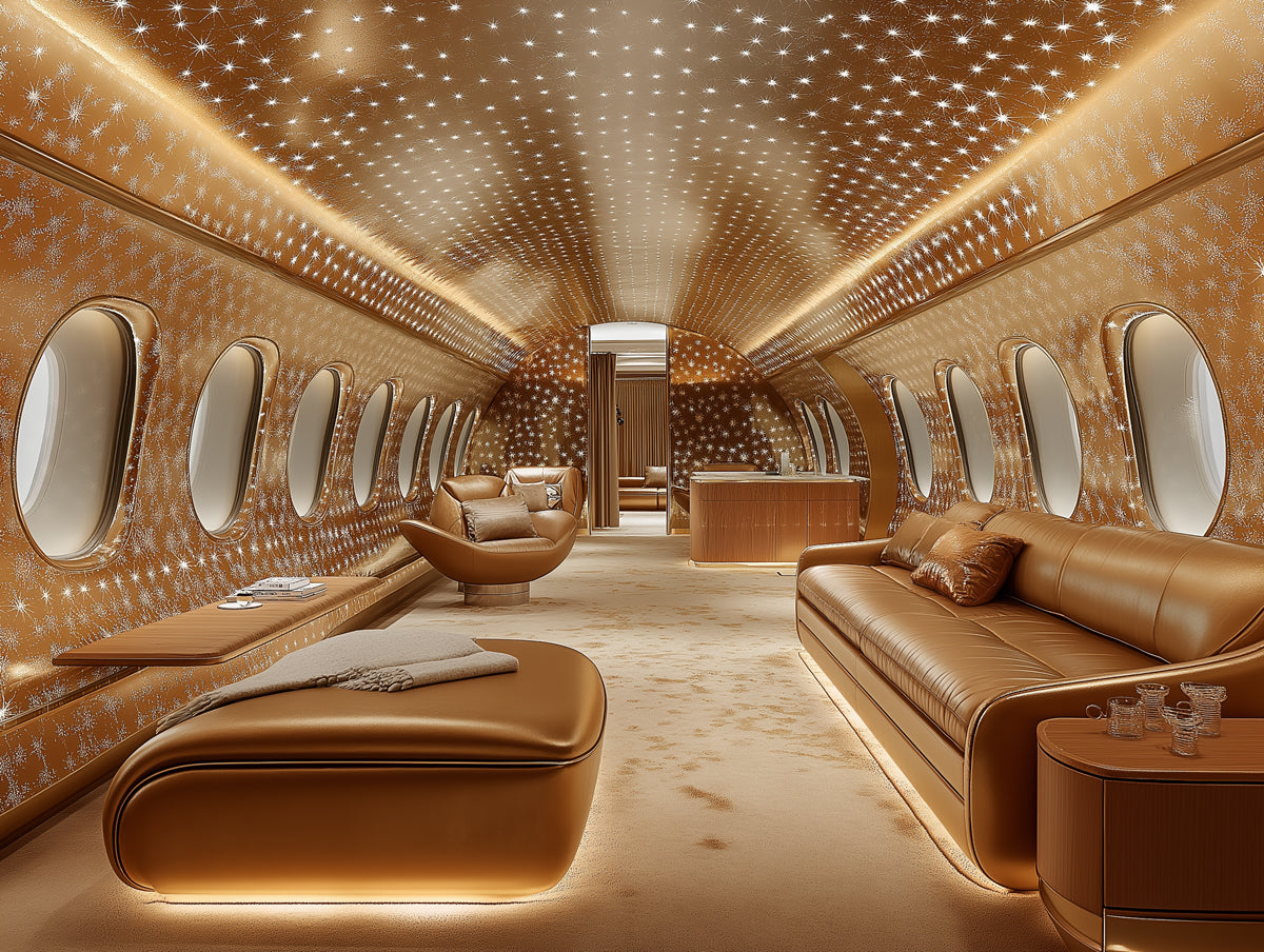 Luxury Airplane Interior Mural Wallpaper in Living Room | Various Colors (Gold, White, etc.) of Airplane Interior