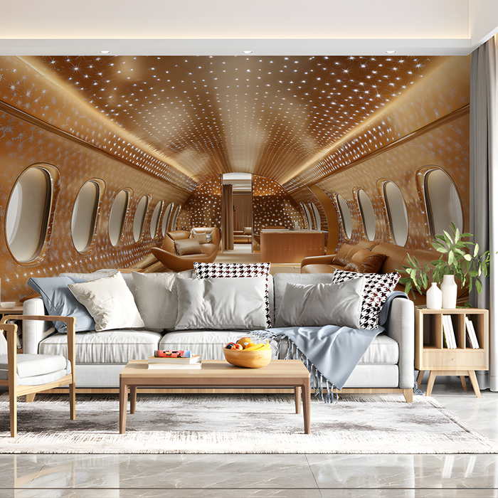 Luxury Airplane Interior Mural Wallpaper in Living Room | Various Colors (Gold, White, etc.) of Airplane Interior