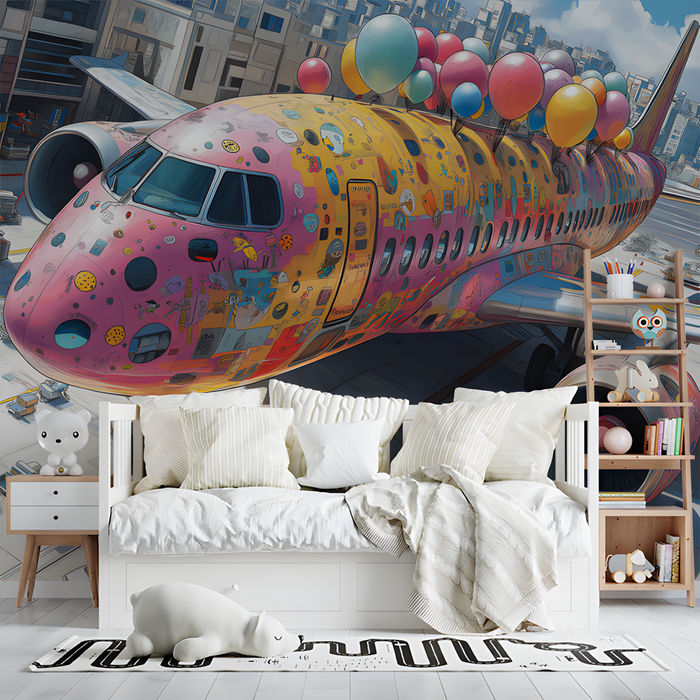 Decorated Airplane Mural Wallpaper in Bedroom | Various Colors (Pink, Blue, etc.) of Airplane