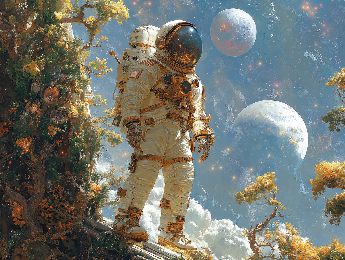 Astronaut and Planets Mural Wallpaper in Living Room | Various Colors (Blue, Yellow, etc.) of Astronaut and Planets
