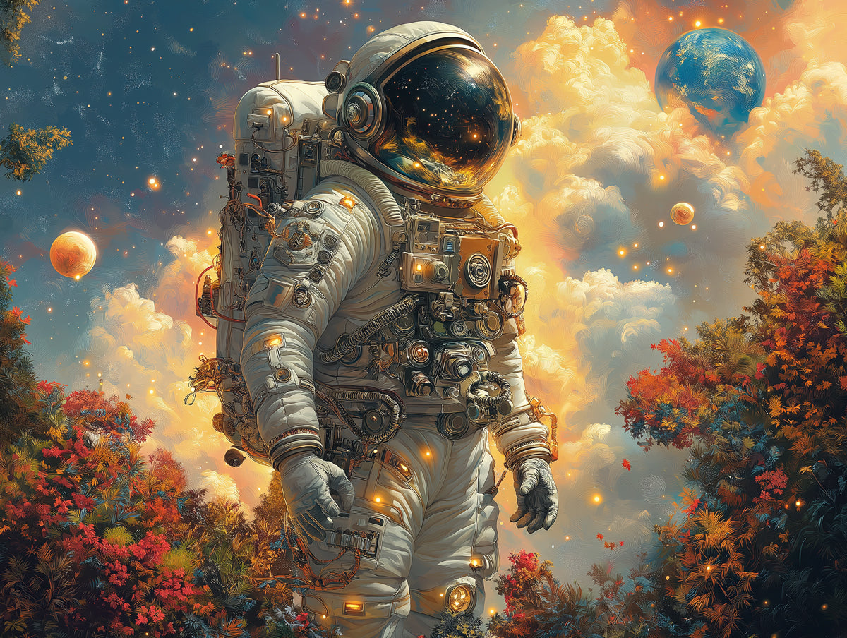 Astronaut and Planets Mural Wallpaper in Living Room | Various Colors (Blue, Yellow, etc.) of Astronaut and Planets