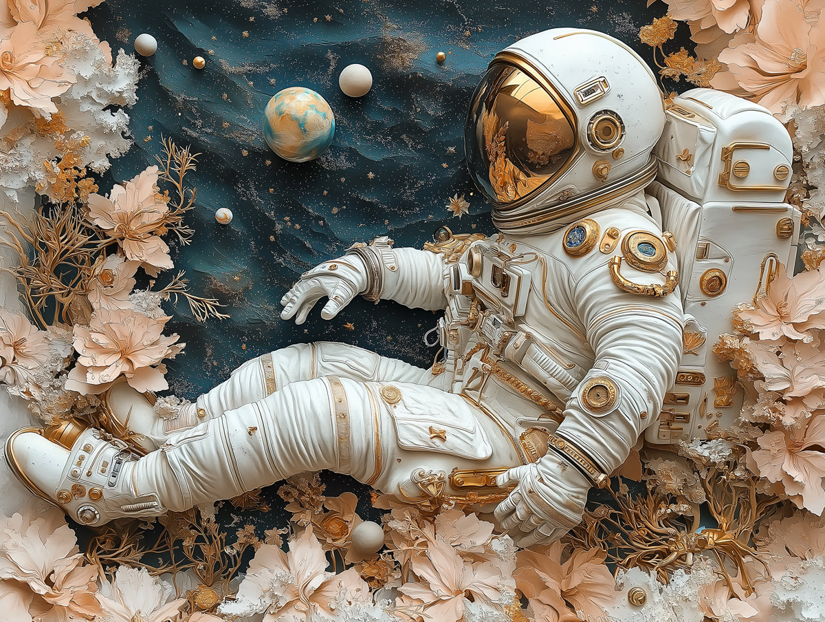 Astronaut and Floral Mural Wallpaper in Bedroom | Various Colors (Beige, Gold, etc.) of Astronaut and Flowers