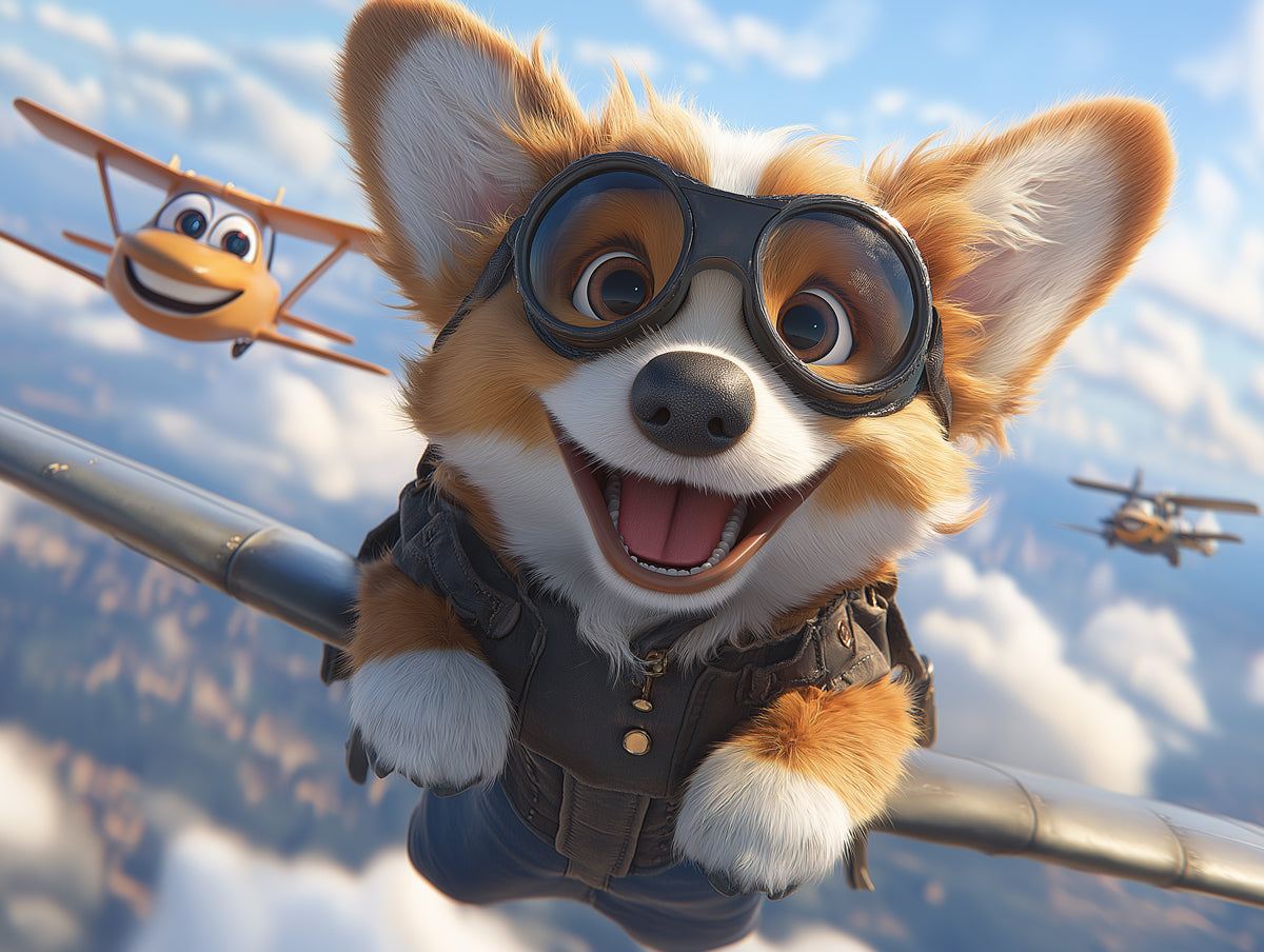 Corgi Pilot Mural Wallpaper in Bedroom | Various Colors (Brown, Blue, etc.) of Corgi Pilot 
