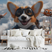 Corgi Pilot Mural Wallpaper in Bedroom | Various Colors (Brown, Blue, etc.) of Corgi Pilot 
