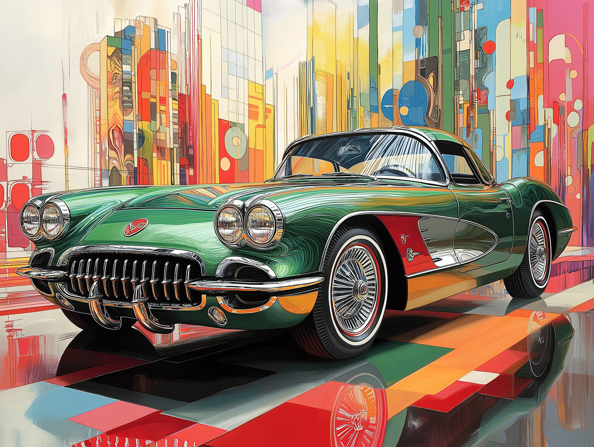 Green Classic Car Mural Wallpaper in Cafe | Various Colors (Green, Red, etc.) of Green Classic Car