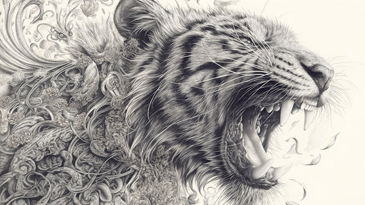 Tiger and Intricate Scene Mural Wallpaper | Black White and Beige tiger