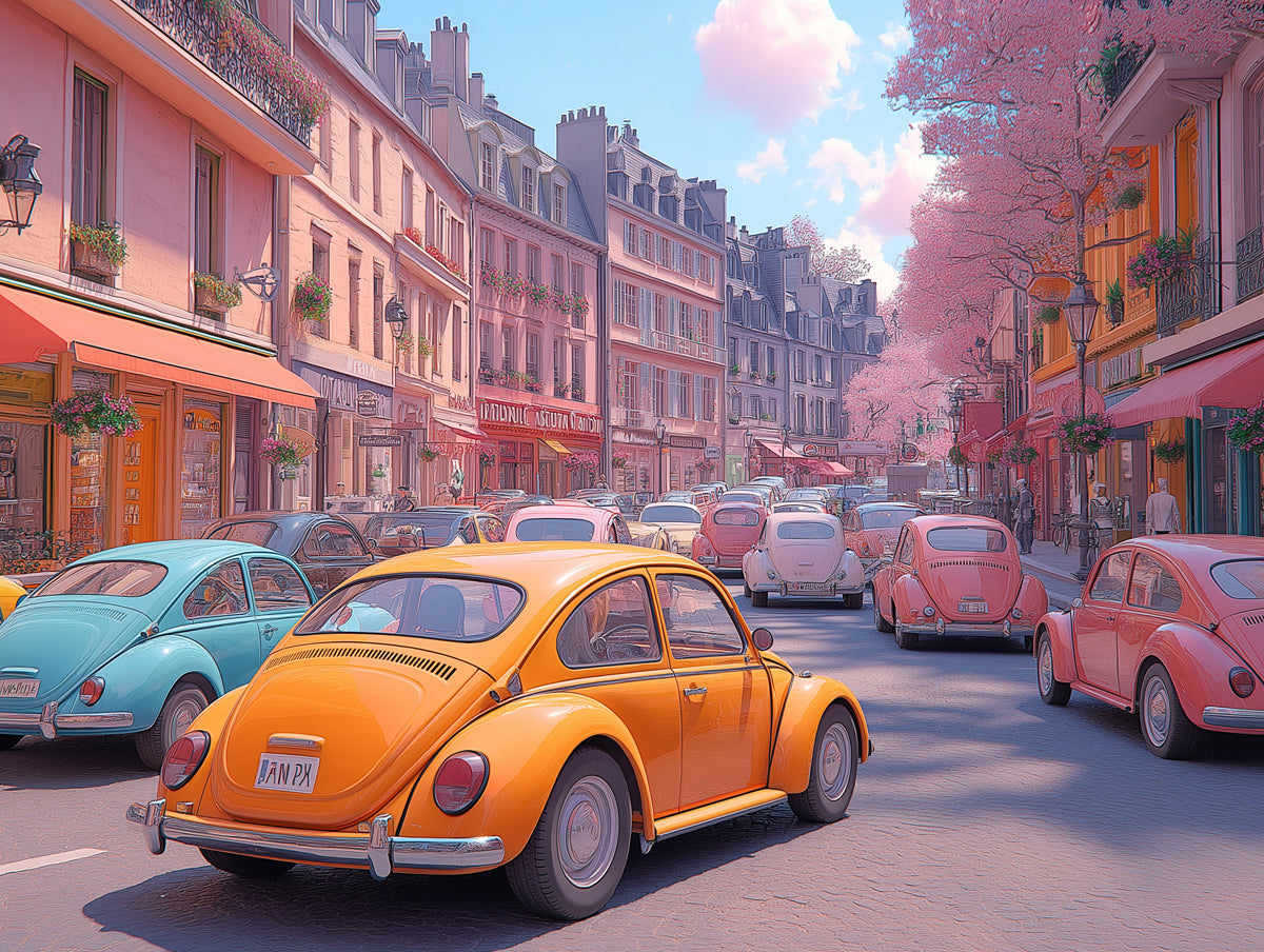 Parisian Street with Beetle Cars Mural Wallpaper in Living Room | Various Colors (Pink, Orange, etc.) of Parisian Street with Beetle Cars