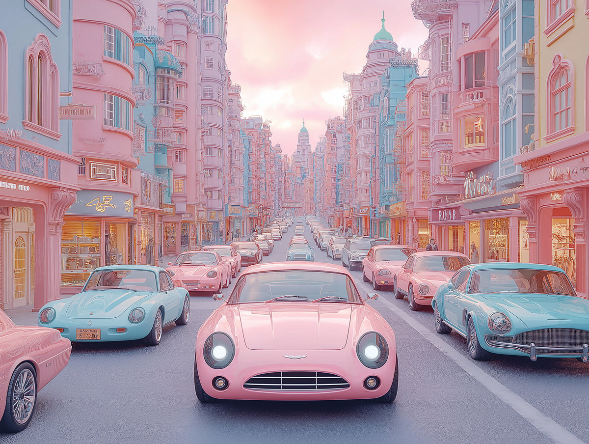 Parisian Street with Beetle Cars Mural Wallpaper in Living Room | Various Colors (Pink, Orange, etc.) of Parisian Street with Beetle Cars