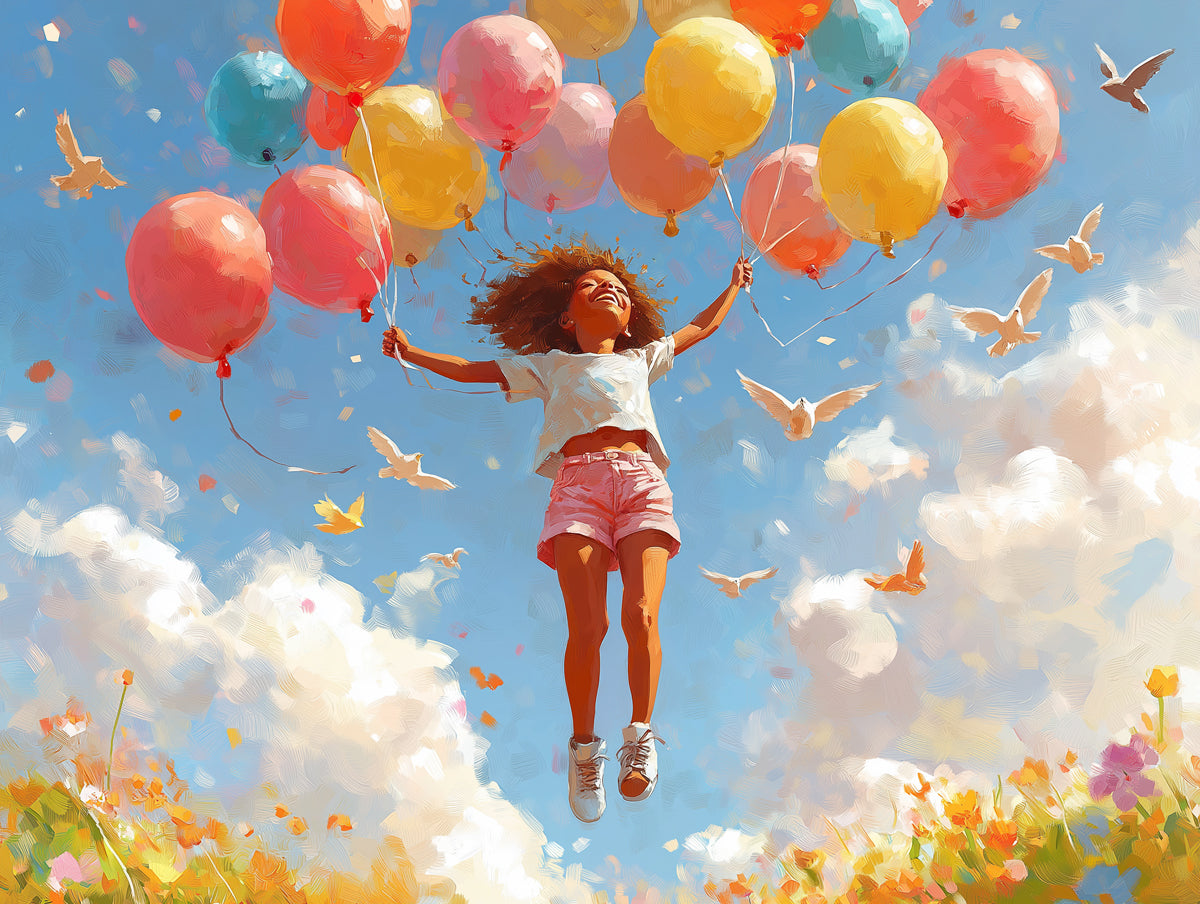 Girl with Balloons Mural Wallpaper in Bedroom | Various Colors (Blue, Pink, etc.) of Girl