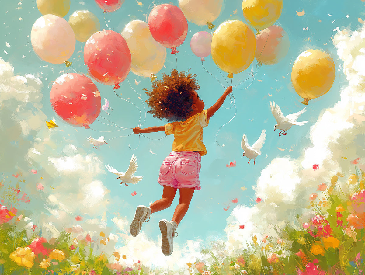 Girl with Balloons Mural Wallpaper in Bedroom | Various Colors (Blue, Pink, etc.) of Girl
