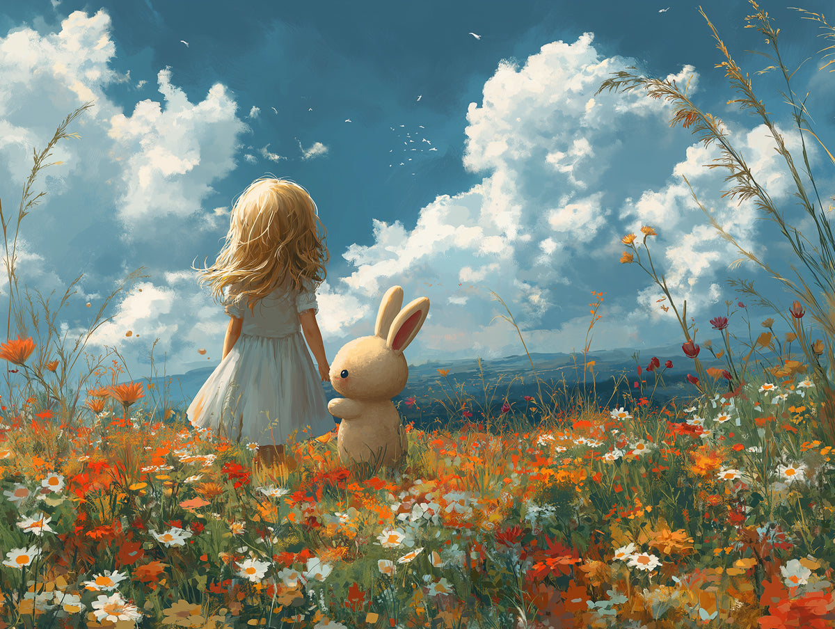 Girl and Rabbit in Field Mural Wallpaper in Bedroom | Various Colors (Blue, Orange, etc.) of Girl and Rabbit