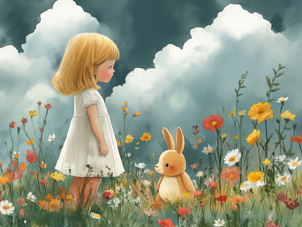 Girl and Rabbit in Field Mural Wallpaper in Bedroom | Various Colors (Blue, Orange, etc.) of Girl and Rabbit