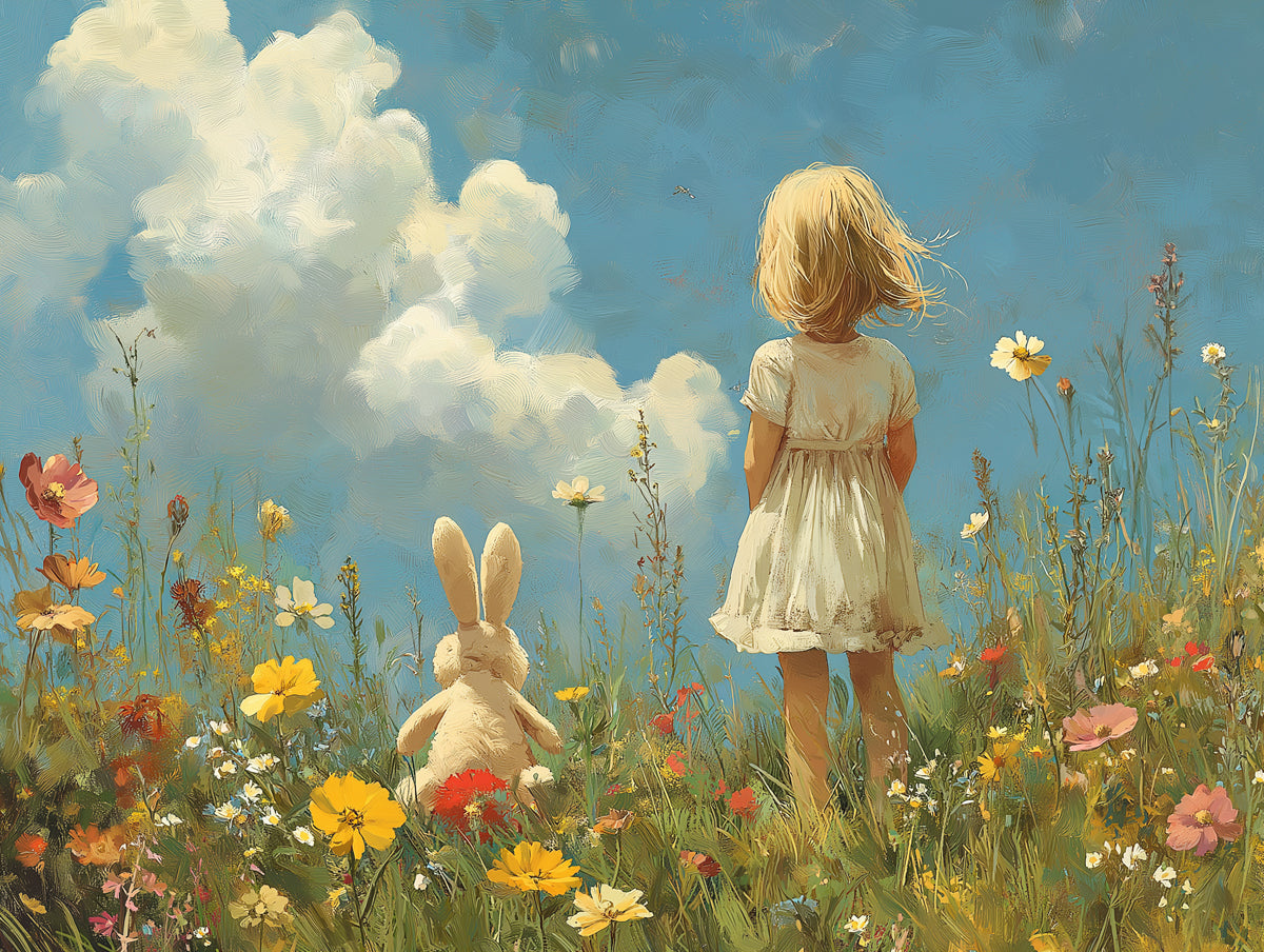 Girl and Rabbit in Field Mural Wallpaper in Bedroom | Various Colors (Blue, Orange, etc.) of Girl and Rabbit