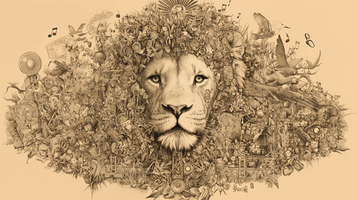 Lion and Eclectic Elements Mural Wallpaper | Brown Beige and Yellow Lion