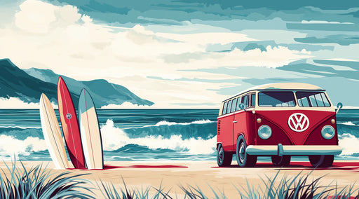 Coastal Bus and Wave Mural Wallpaper | Red, Cream, Blue - Green