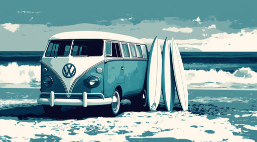 Blue Bus and Surf Mural Wallpaper | Blue, Cream, Teal
