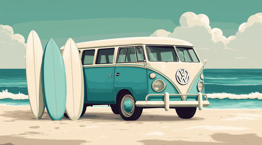Blue Bus and Surf Mural Wallpaper | Blue, Cream, Teal