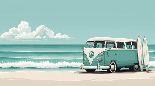Blue Bus and Surf Mural Wallpaper | Blue, Cream, Teal