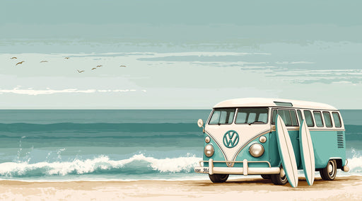Blue Bus and Surf Mural Wallpaper | Blue, Cream, Teal