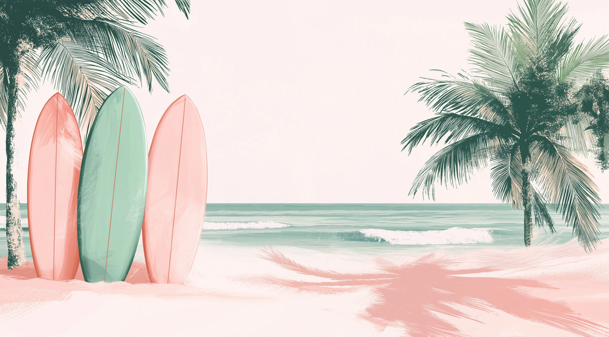Surfboard and Palm Mural Wallpaper | Pink, Green, Blue - Green