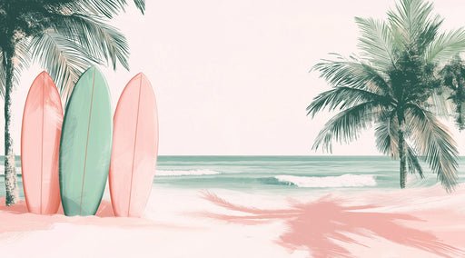 Surfboard and Palm Mural Wallpaper | Pink, Green, Blue - Green