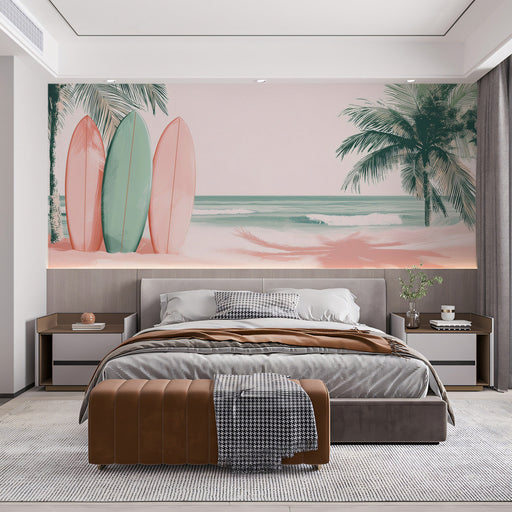 Surfboard and Palm Mural Wallpaper | Pink, Green, Blue - Green