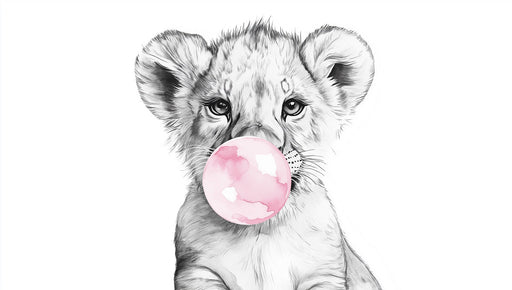 Lion Cub with Bubble Mural Wallpaper | Gray, Pink