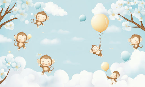 Monkey and Balloon Fantasy Mural Wallpaper | Blue, Brown, White