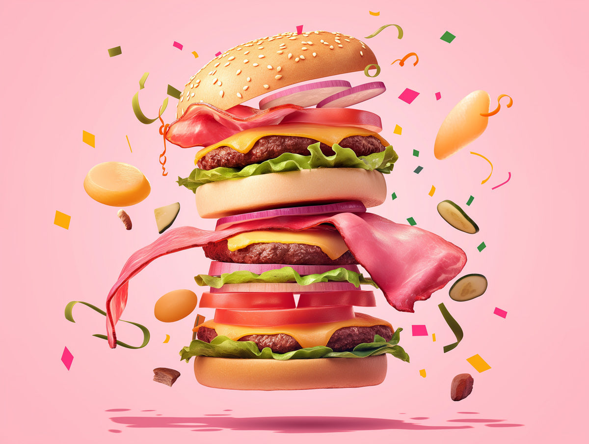 Gigantic Burger Celebration Mural Wallpaper | Pink, Red, Green, Multicolored