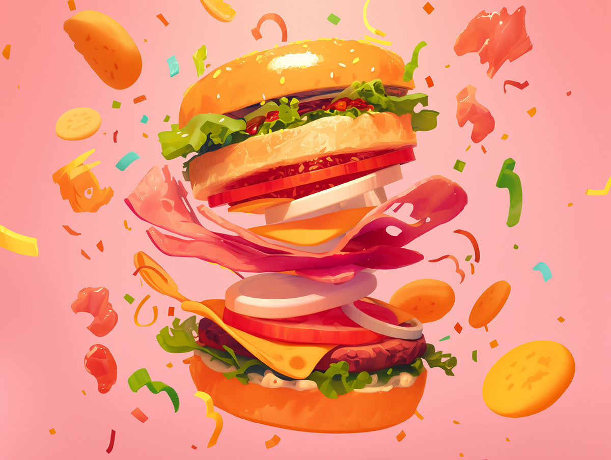 Gigantic Burger Celebration Mural Wallpaper | Pink, Red, Green, Multicolored