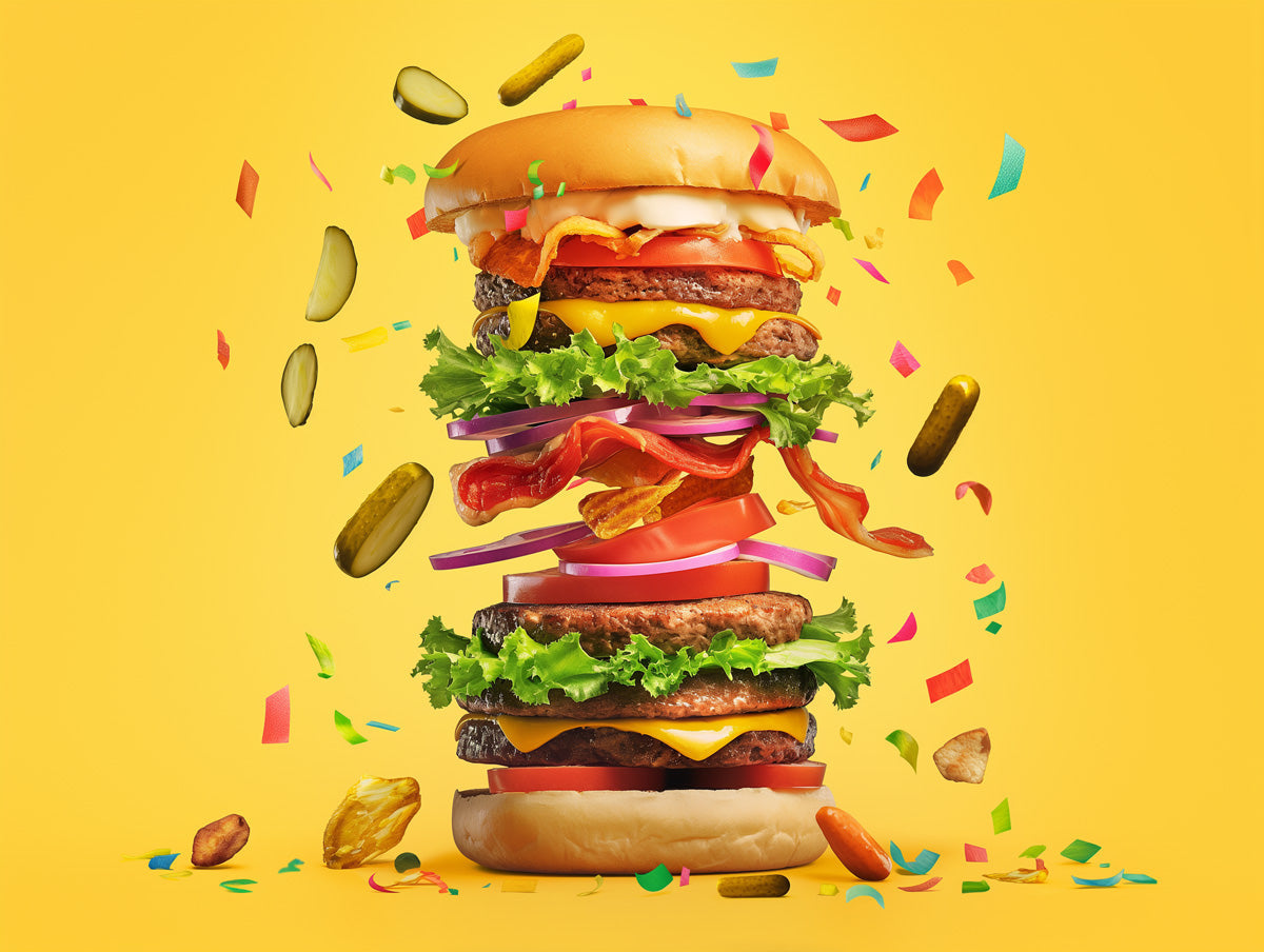Towering Burger Fiesta Mural Wallpaper | Yellow, Green, Red, Multicolored