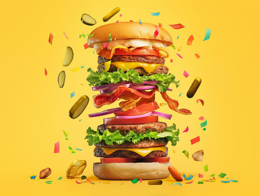 Towering Burger Fiesta Mural Wallpaper | Yellow, Green, Red, Multicolored